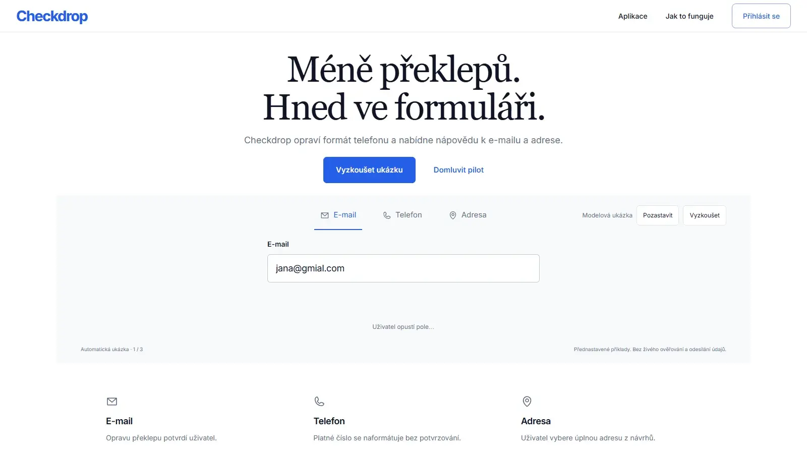 Checkdrop homepage with the live demo of e-mail, phone and address checks in a form