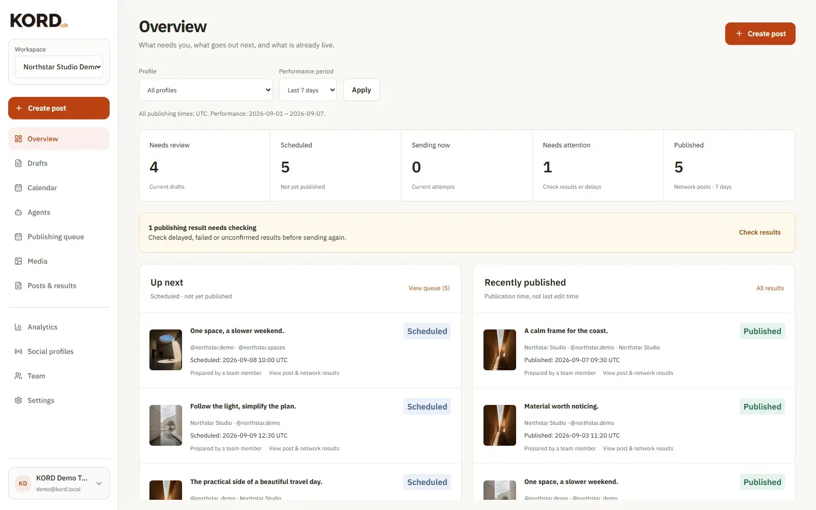 KORD workspace overview with drafts prepared by agents waiting for review