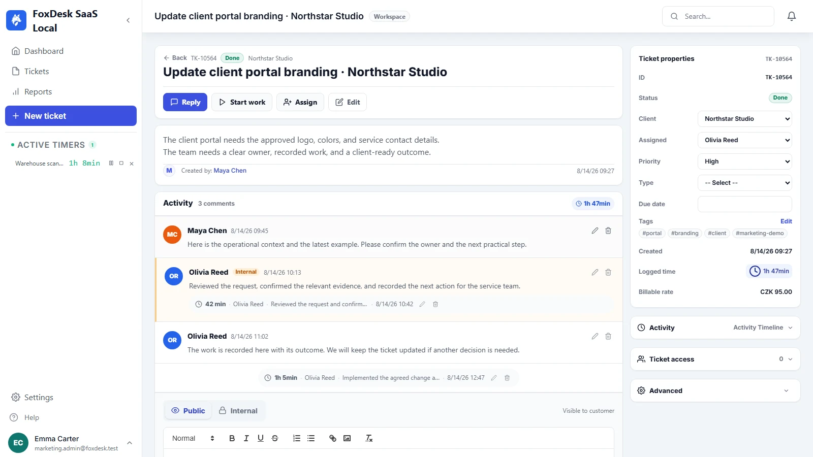 FoxDesk ticket detail with fictional customer conversation, assigned owner, and recorded time
